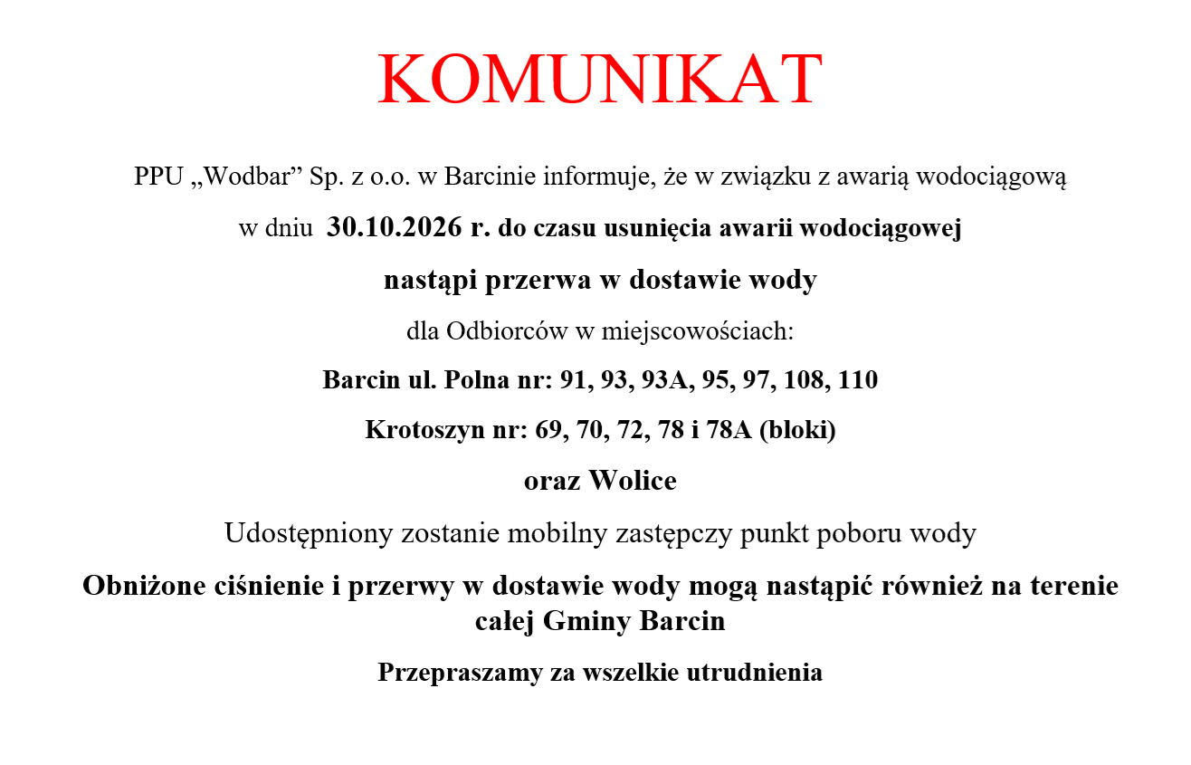 Zdjęcie: Komunikat - awaria wodociągowa w dniu 30.10.2026 r.