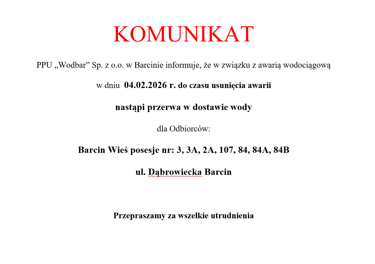 Zdjęcie: Komunikat - awaria wodociągowa ul. Dąbrowiecka, Barcin Wieś