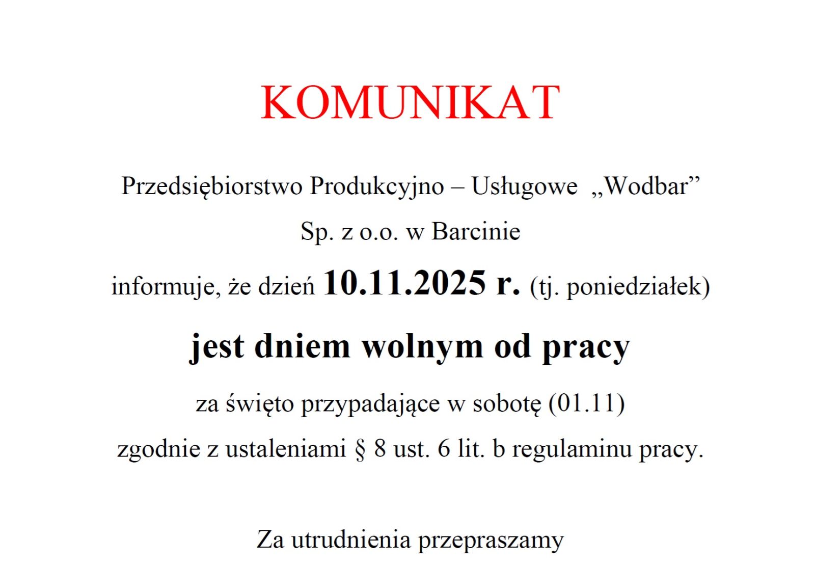 Zdjęcie: Komunikat - dzień wolny od pracy 10.11.2025 r.