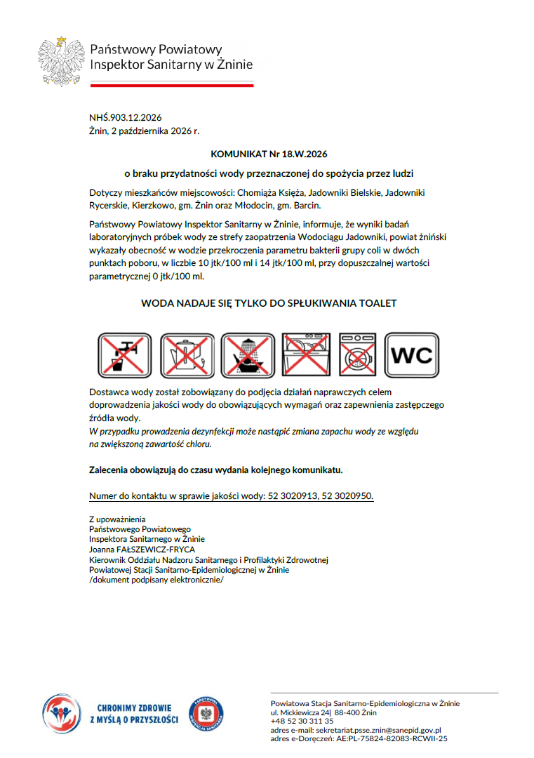 Zdjęcie: Komunikat - WiK Żnin informuje o braku przydatności wody przeznaczonej do spożycia przez ludzi